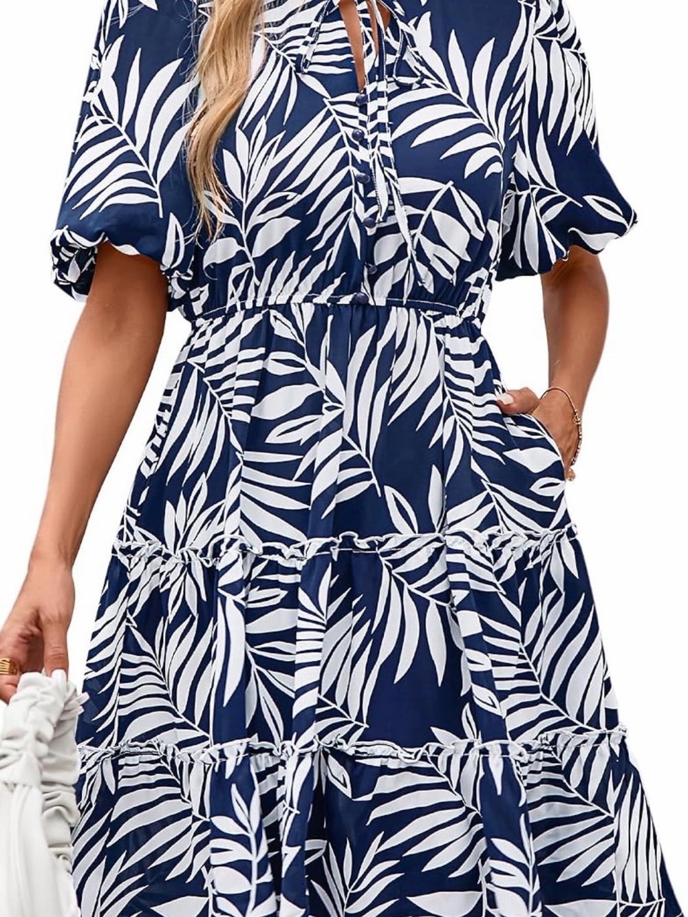Navy Blue & White Leaf Print Tiered Midi Dress